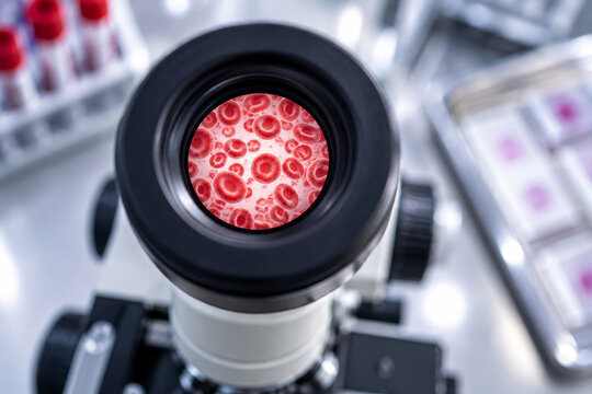 Microscope view of red blood cells during laboratory testing. Medical research and clinical diagnostics. Hematology, biology and healthcare science. Blood sample analysis