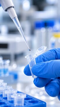 Gloved laboratory worker dispensing a sample into a specimen tube with pipette. Laboratory testing and clinical diagnostics. Medical research and sample analysis.