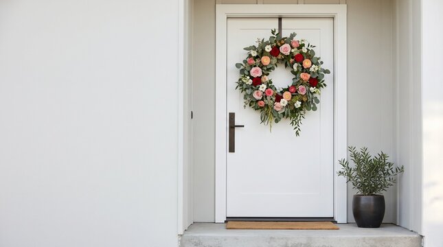 Elegant Spring Floral Wreath Made of Fresh Roses Hanging on Modern White Front Door With Copy Space
