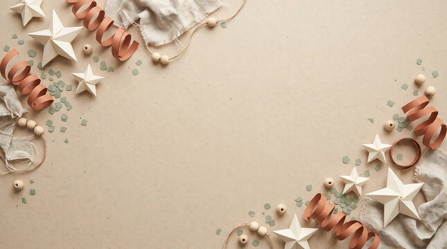 Minimalist christmas background with paper stars and ribbons on a neutral beige textured surface