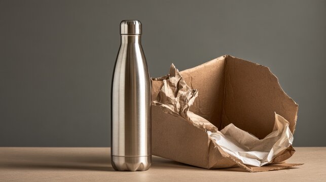 A stainless steel insulated bottle stands beside a kraft carton with a crushed corner and a tear on the edge on a neutral tabletop.