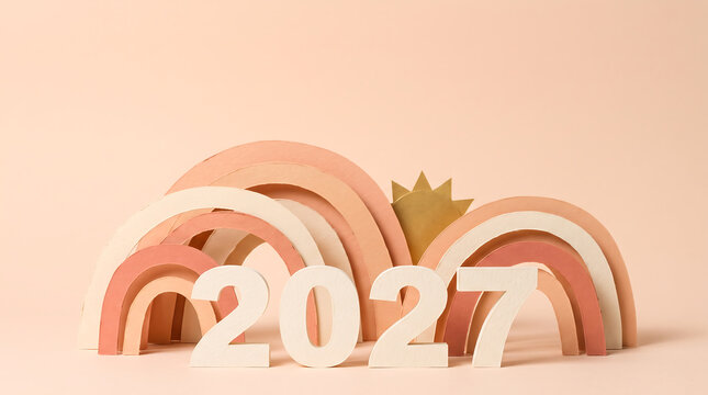 Minimalist 2027 new year background with decorative wooden rainbows and sun on pastel backdrop