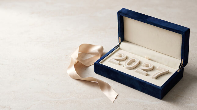 Open velvet box with 2027 numbers and a pale ribbon on marble