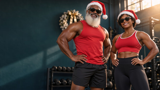 Cool Black Santa and athletic woman wearing sunglasses and Santa hats in gym. Christmas workout concept with copy space