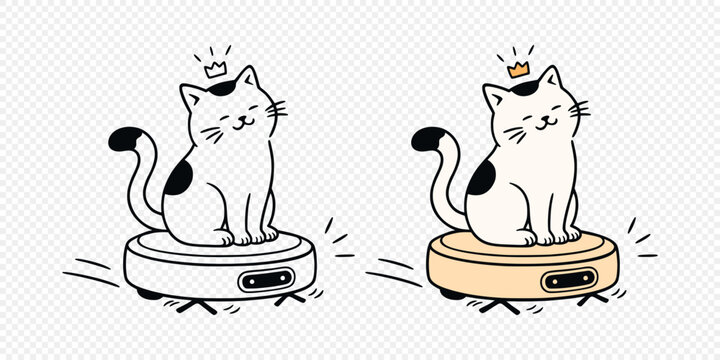 Cat on Robot Vacuum. Cat on Robot Vacuum for Pet, Home Cleaning and Smart Appliance Content. Cat on Robot Vacuum Vector Illustration with Line Art and Filled Color