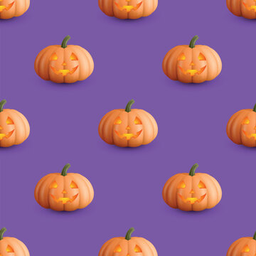 Halloween Pumpkin Seamless Pattern, Vector Illustration. Orange Pumpkin with Jack O Lantern Face on Purple Background. Pumpkin Repeat for Halloween Wallpaper, Fabric, Wrapping Paper, Textile