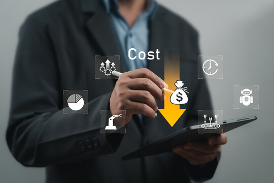 Cost Reduction and Expense, Businessman Presenting Downward Trend Arrows,AI Automation, Robotics,Workforce Skill Development, Time Optimization to Improve Operational Efficiency,Business Profitability