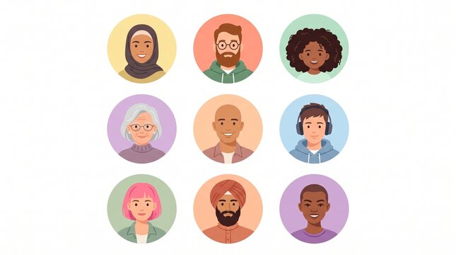 Diverse group of people avatars in flat style