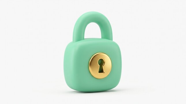 3D render of a mint green padlock with a gold keyhole isolated on a white background