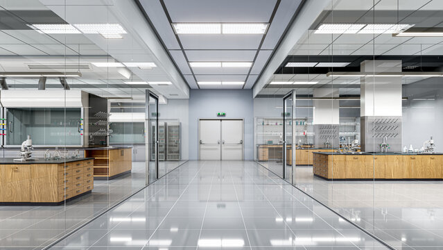 View of a modern scientific research laboratory complex with glass partitions, central hallway, and wooden workbenches. 3d illustration