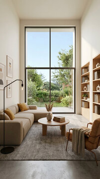 Modern living room with large window overlooking a lush garden featuring a sectional sofa coffee table and bookshelves