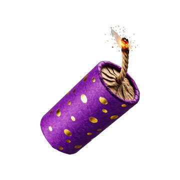 Purple firecracker with gold polka dots and a lit fuse isolated on transparent background