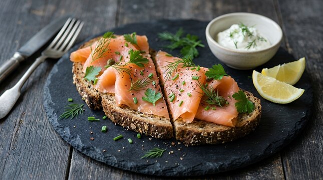 Open Face Smoked Salmon Slice Sandwich Garnished With Fresh Green Herb Leaves Served On Dark Textured Background Healthy Gourmet Breakfast sandwich salmon smoked seafood bread toast snack healthy