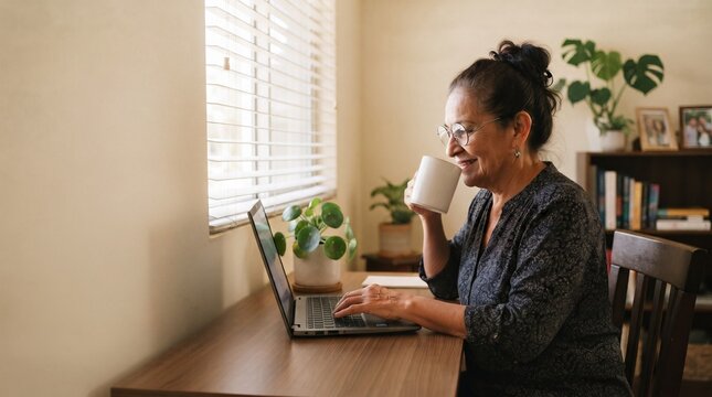 An older woman sitting at a desk and working on her laptop while drinking from a mug. She has a warm smile and is looking at the screen.