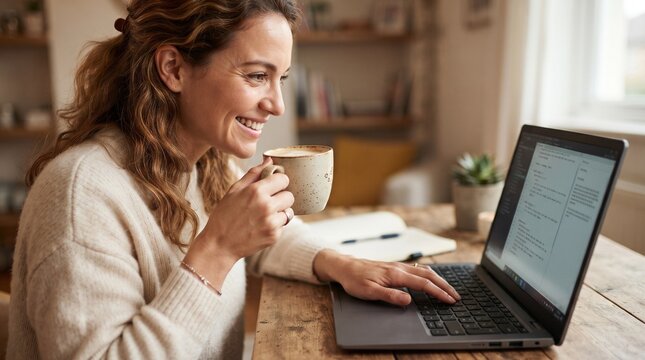A smiling woman with curly hair is working on her laptop and holding a mug of coffee. She is sitting at a wooden table with a notebook and pen.