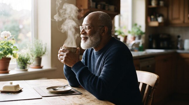 A contented older man with a beard and glasses enjoys a warm cup of steaming coffee while sitting at a kitchen table by the window. Sunlight streams in, illuminating the steam rising from the mug.