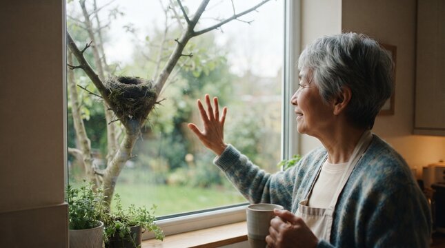 An elderly woman gazes thoughtfully out a window, holding a mug and resting her hand on the glass. A bird's nest is visible outside on a bare tree branch