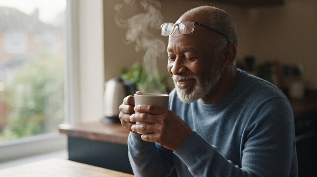 An elderly man with glasses and a gray beard enjoying a warm cup of coffee, steam rising from the mug. He is smiling contentedly by a window