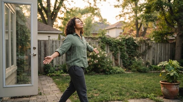A woman with curly dark hair and olive skin takes a deep breath outdoors in a backyard, facing upwards with arms outstretched and eyes closed, enjoying a moment of peace at sunset