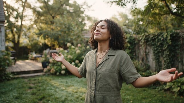 A woman with closed eyes and arms outstretched, embracing a moment of peace in a serene garden setting. The warm sunlight filters through the leaves, casting a gentle glow on her face.