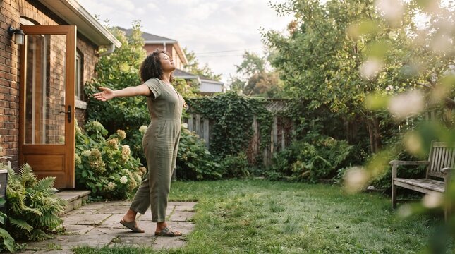 A woman stands in a serene garden, her arms outstretched towards the sky, basking in the warm sunlight. The lush greenery and blooming flowers create a tranquil atmosphere.