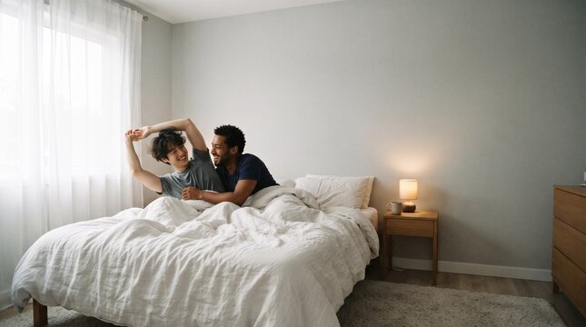 A man and a woman in bed, laughing and playing with each other. The room is bright and airy with natural light coming through the window