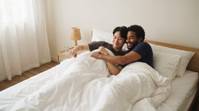 A happy gay couple cuddling in bed. They are smiling and looking at each other with love