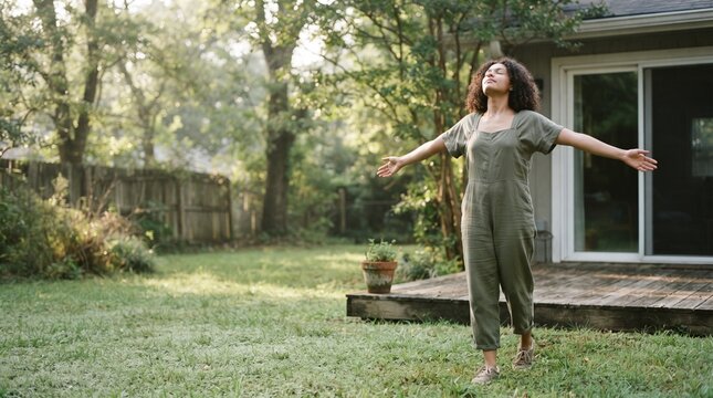 A woman stands in a backyard with her arms outstretched, breathing deeply and enjoying the morning sun. The warm light illuminates the grass and trees, creating a peaceful and serene atmosphere.