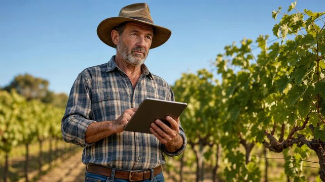 Senior caucasian winemaker inspecting grapevines and using a tablet for data collection. Smart farming concept with an agronomist monitoring crop growth and quality