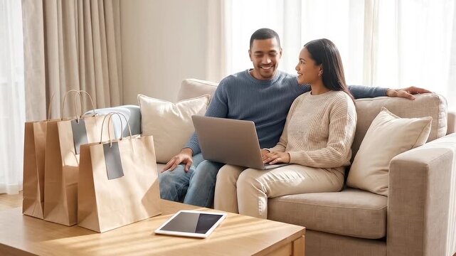 Happy couple sitting on sofa with laptop and shopping bags