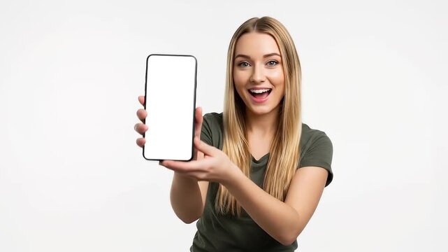 Happy blonde woman pointing at blank smartphone screen