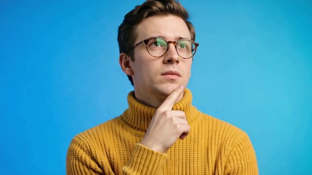 Pensive young caucasian man in glasses touching his chin in deep thought. Thoughtful male student concentrating on solving a problem or making a decision