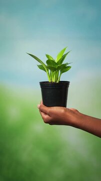 Hand holding small green plant in black pot