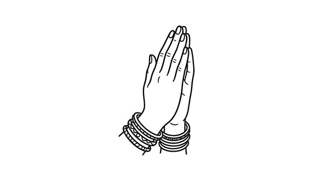 Two praying hands namaste pressed together fingers closed nail detail many ethnic Indian bangles decorated wrists, thin black line outline minimalist vector illustration on clean plain white backgroun