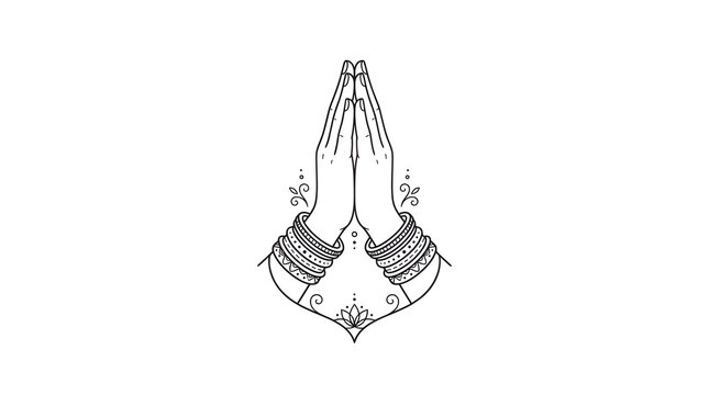 Two praying hands namaste pressed together fingers closed nail detail many ethnic Indian bangles decorated wrists, thin black line outline minimalist vector illustration on clean plain white backgroun
