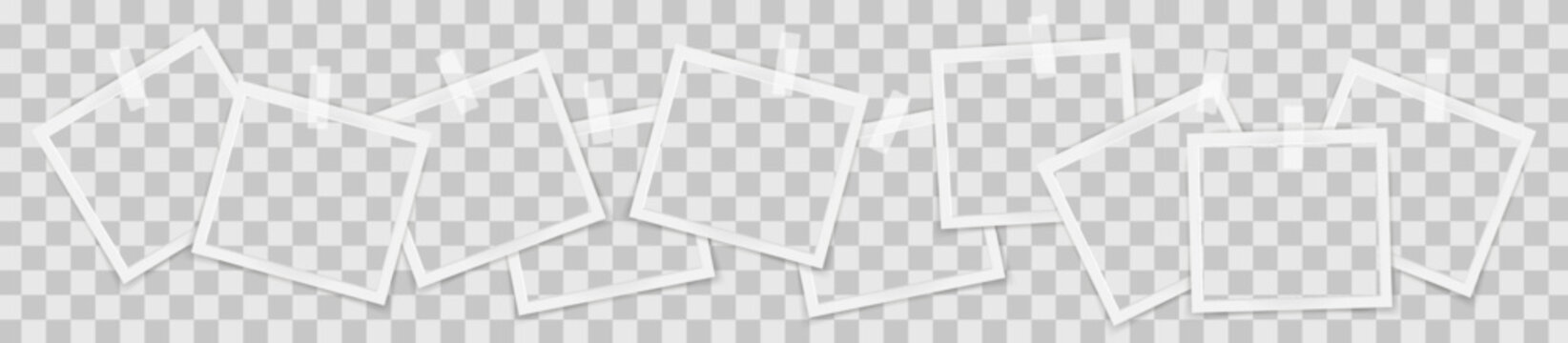 Realistic empty square photo frames on sticky tape overlay mockup isolated. Paper vintage instant photograph snapshot collage. Cardboard album picture tape with shadow. Vector illustration