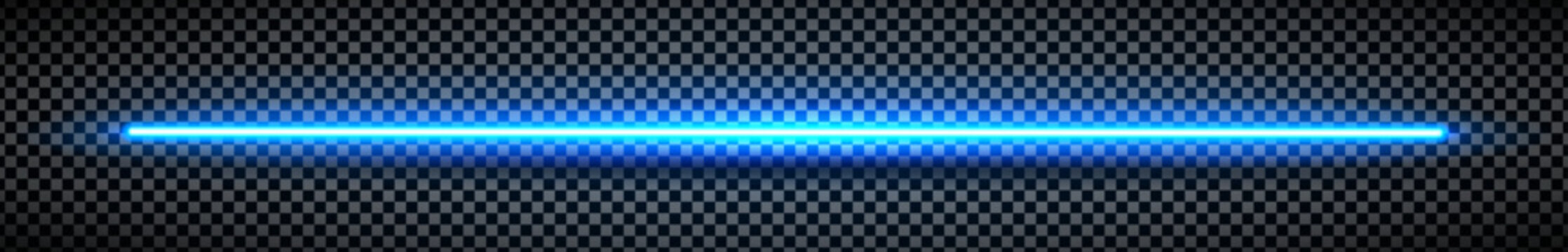 Neon blue led line light effect. Glow laser colorful tube. Fluorescent stripe beam divider frame overlay. Led light electric halogen dynamic png diode. Vector illustration