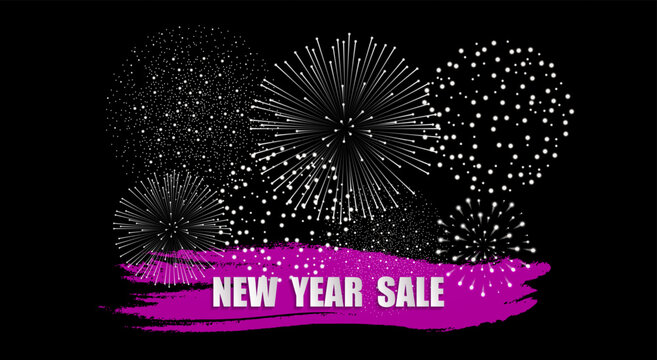New Year sale black and pink concept with fireworks. Christmas and Chinese New Year decor. New year card or sale concept. Vector illustration