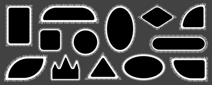 Vector set of scalloped black and white postage frames isolated. Outline border template. Simple minimalist label text box. Blank scallop edge stamp mockup.