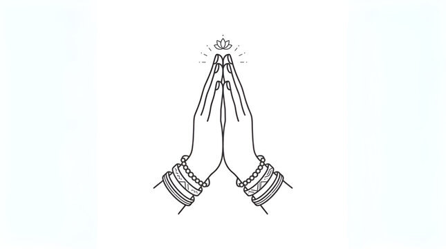 Two praying hands namaste pressed together fingers closed nail detail many ethnic Indian bangles decorated wrists, thin black line outline minimalist vector illustration on clean plain white backgroun