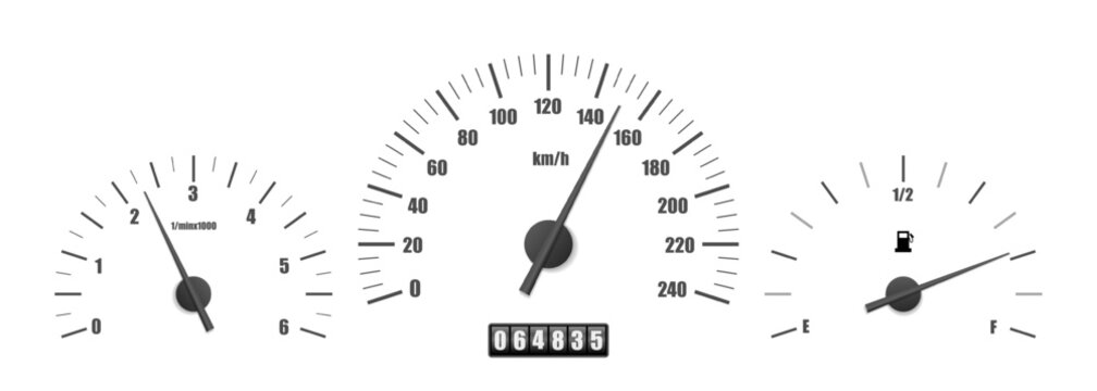 Realistic classic car dashboard isolated. Sport black auto ui display panel. Speedometer, tachometer, odometer, fuel level sensor. Grey kilometers per hour measuring scale. Vector Illustration png