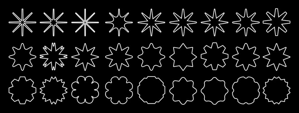 Set of white stars icons. Star shapes collection. Minimalist simple stars pack. Christmas star objects isolated on black background. Vector illustration