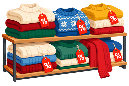 Sweaters with markdown tags displayed on store shelves during post-holiday clearance sales