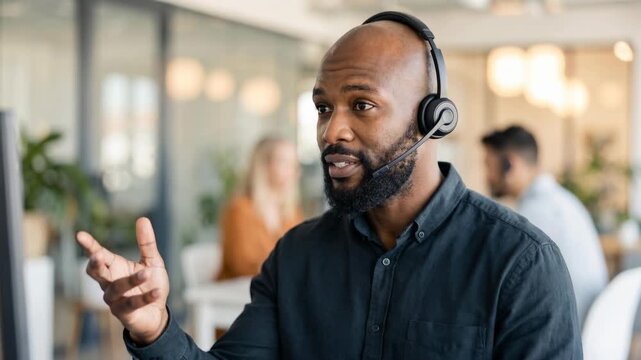 Professional black male call center agent wearing a headset while talking to a customer. Telemarketing consultant providing support and advice in a modern office