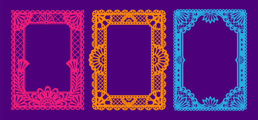 Plakat Papercut paper Mexican frames, papel picado folk Hispanic borders for fiesta, Cinco de Mayo and Day of the Dead celebration decorations. Traditional Mexican folk art borders set for party invitations