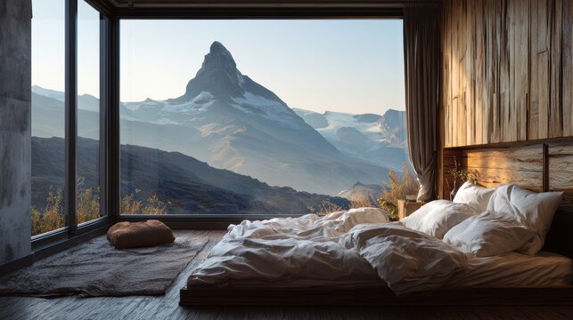 bedroom with white messy bedding and big window with view to beautiful. Summer, travel, vacation, holiday, mindfulness, relax, recreation, hotel, sleep