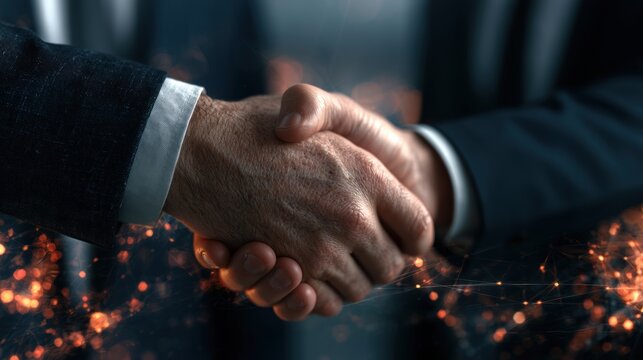Close up of business people shaking hands against technology background, leader, teamwork, target, Aim, confident, achievement, goal, on plan, finish, generate by AI