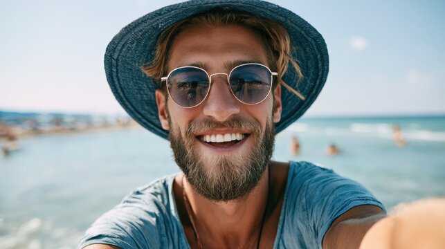close-up shot of a good-looking male tourist. Enjoy free time outdoors near the city. Looking at the camera while relaxing on a clear day Poses for travel selfies smiling happy tropical