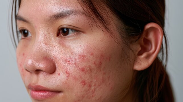 acne on woman face with rash skin, scar, and red skin syndrome allergic to cosmetics, use steroids, dermatology, inflammation, infection, hygiene