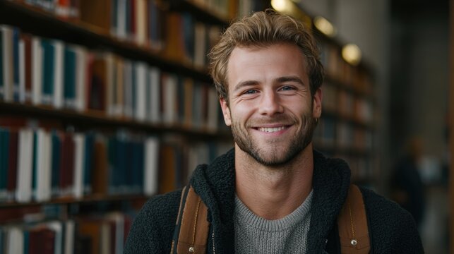 Handsome Smile student man with backpack and books in library, education, university, cheerful, college, happy, standing, school, backpack, attractive, enjoyment, confidence